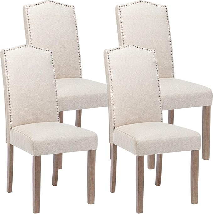 Upholstered Dining Chair Modern Stylish Parsons Kitchen Diner High Back with Silver Nailhead Trim & Wood Legs, Set of 4, Fabric Beige