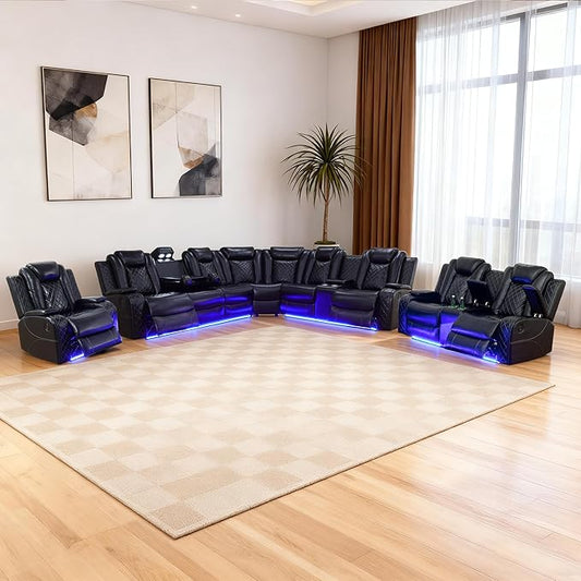Power Recliner Sectional Sofa Set, Black Leather Sectional Couch, Loveseat and Chair for Living Room, L Shape Reclining Sofa with Cup Holder, Hidden Storage, Coffee Table for House(9 Seat)