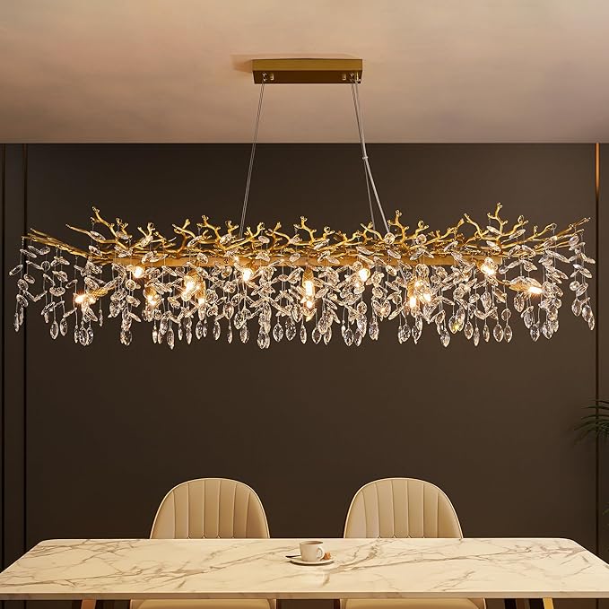 Tree Branch Chandelier Modern Gold Crystal Chandeliers 14 Lights Rectangular 47.2" Hanging Pendant Light Fixture for Kitchen Island Living Room Dining Room Foyer Entryway