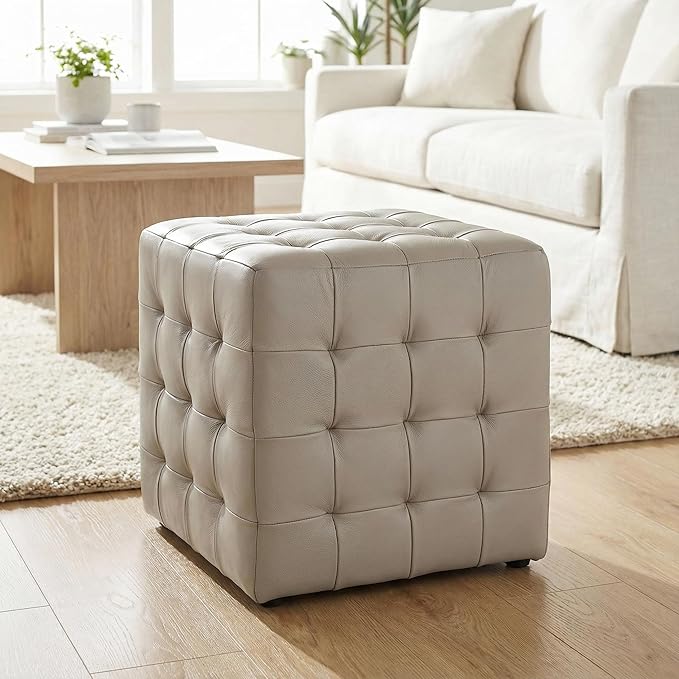 Cortesi Home Charli Tufted Cube Ottoman in 100% Genuine Leather, Light Grey