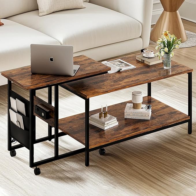 VECELO Coffee Table Set of 2 - Adjustable Height with USB Ports & Wheels, 31.5" and 20" Side and End Tables for Living Room, Bedroom, Apartment, Industrial Style, Rustic Brown