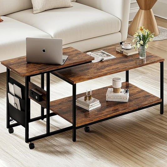 VECELO Coffee Table Set of 2 - Adjustable Height with USB Ports & Wheels, 31.5" and 20" Side and End Tables for Living Room, Bedroom, Apartment, Industrial Style, Rustic Brown