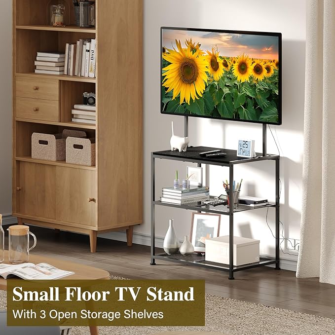 23 Inch to 50 Inch Floor Small Corner TV Stand with Storage Shelves for Living Room Bedroom, Universal Floor Television Stands with Mount, Farmhouse Black TV Table Desk Shelf for Small Spaces