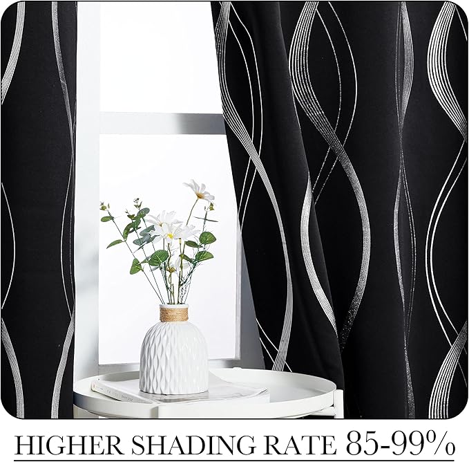 NICETOWN Black Out Window Curtains for Bedroom, Microfiber Noise Reducing Thermal Insulated Wave Line Foil Print Design Blackout Curtains for Office, Classroom (2 Panels, 52 x 45 Inch)