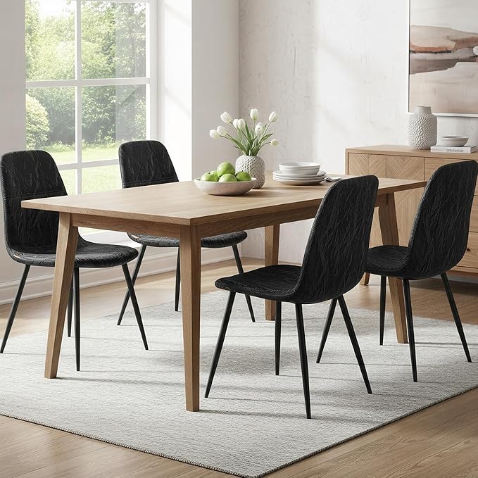 VASAGLE Set of 4 Dining Chairs, Dining Room Kitchen Chairs, Metal Frame, Adjustable Feet, Easy to Clean, Glacier-Textured PU Leather, for Kitchen, Ink Black UKDC188B01V1