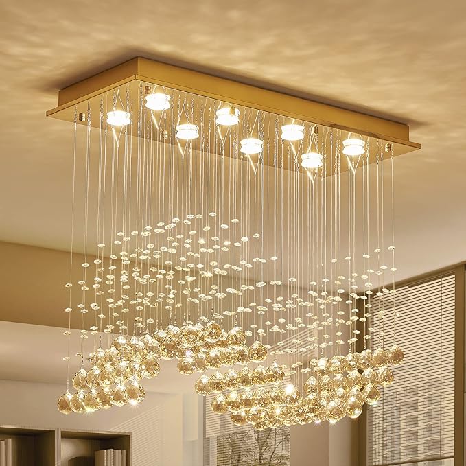Saint Mossi 22019 8-Lights Modern K9 Crystal Chandelier Light Fixture, Raindrop Chandelier for Bedroom,Living Room,Dining Room, L30 x W12 x H26, Champagne Crystal & Light Gold Canopy