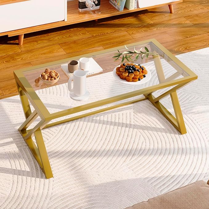 Coffee Table Gold Glass Coffee Table for Living Room,Modern Rectangular Center Table with Sturdy Metal Frame,Tempered Glass Table Tea Tables for Bedroom Home Office