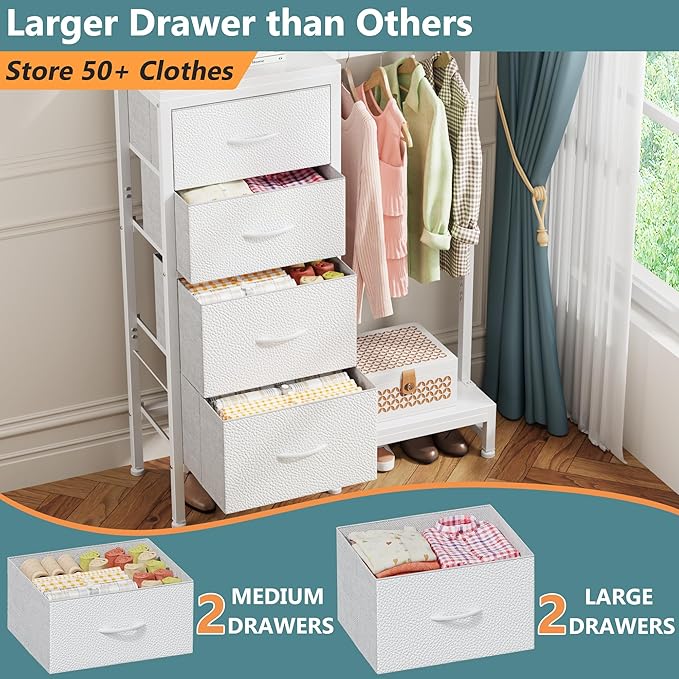 Dresser with Hanging Rack, 4 Drawers Small Closet for Bedroom, Reversible Fabric Kids Chest of Drawers with Clothes Rack, Tall Storage Tower, Sturdy Frame, White, 44''H