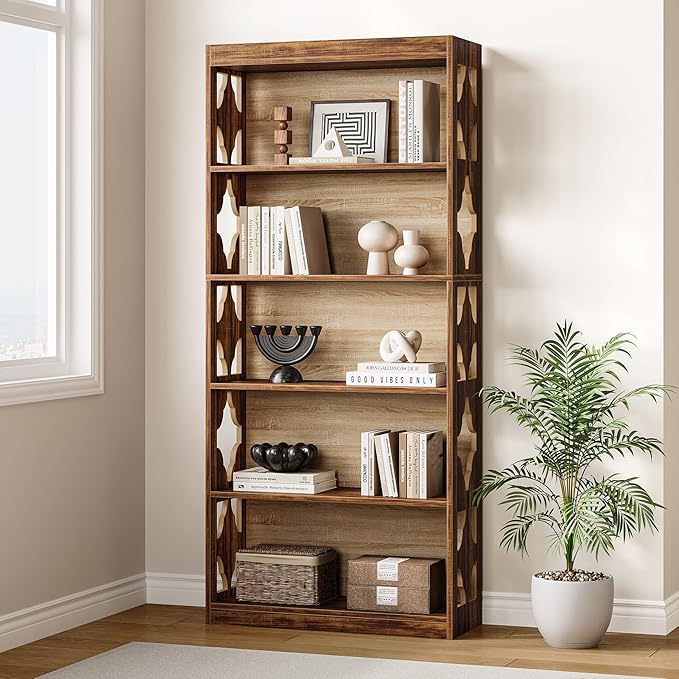 LITTLE TREE 69.9" Vintage Bookshelf, 5-Tier Tall Bookshelves, Cutout Design Vertical Bookcase, Freestanding Storage Display Shelf for Living Room, Bedroom, Study, Office, 1 Pack
