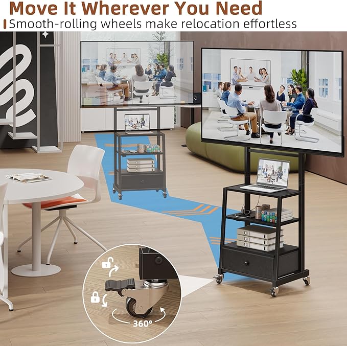 Rolling TV Stand with Wheels and Mount & Fabric Drawer for 32-75" TV - Entertainment Center with Power Outlet and Small TV Stand for Bedroom, Living Room - 18" Black (VESA 600mm × 400mm)