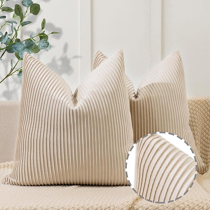 YCOLL Beige Pillow Covers 22x22 Set of 2 Velvet Striped Pattern - Soft Throw Pillows for Home Decor, Luxury Decorative Pillow Covers for Couch, Bed,Living Room