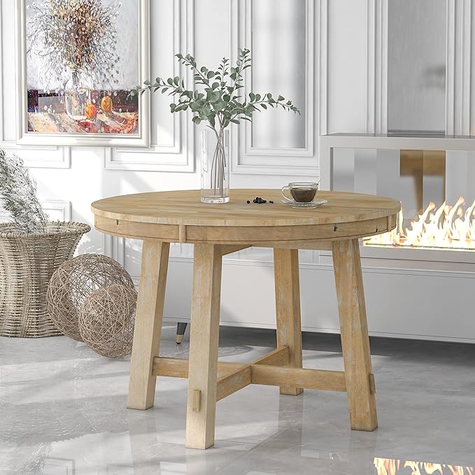 ERYE Farmhouse Style Wooden Dining Table 42-Inch Functional Extendable Round Dining Table with 16" Leaf and X-Cross Legs,Oval Wooden Diningtable for Home Apartment Diningroom, Natural Wood Wash