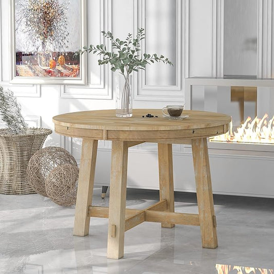 ERYE Farmhouse Style Wooden Dining Table 42-Inch Functional Extendable Round Dining Table with 16" Leaf and X-Cross Legs,Oval Wooden Diningtable for Home Apartment Diningroom, Natural Wood Wash
