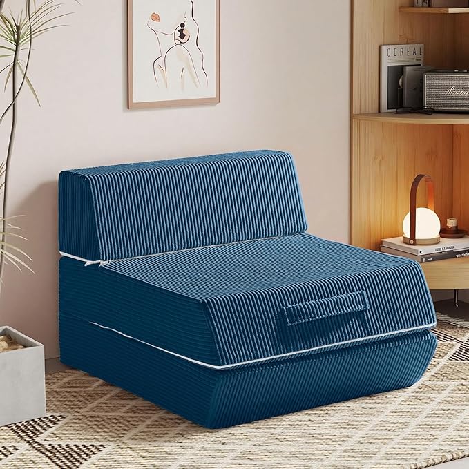 Trenda Folding Sofa Bed, 16lbs Convertible Sleeper Chair with Removable Back Pillow & Handle, Washable Cover Solid Foam Fold Out Chair Bed for Living Room, Apartment, Guest, Single, Navy Blue