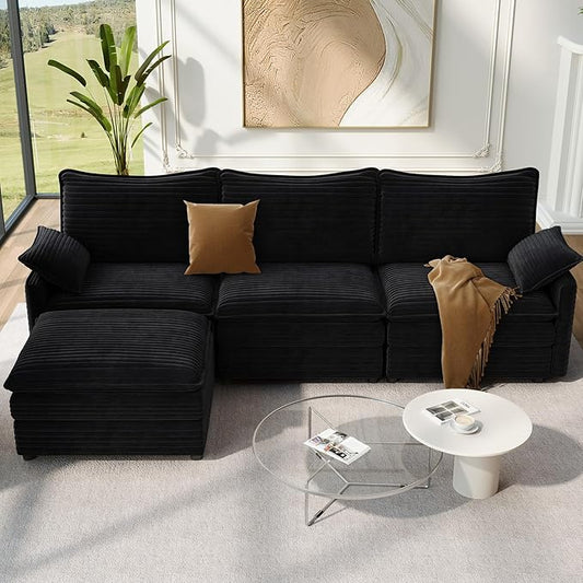 Vesgantti 108" Modular Sectional Sofa, Comfy Cloud Couch with Movable Ottoman Deep Seat Corduroy L Shaped Modular Sofa, Sectional Couches for Living Room, Bedroom and Apartment, Black | Sink-in Comfort, Height Adjustable, Easy Rearrangement, Extra-deep...