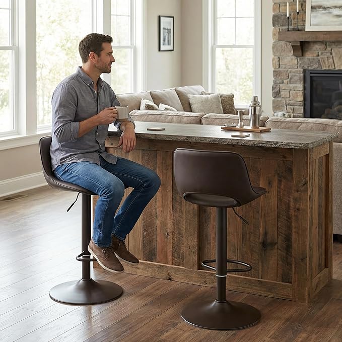 YOUNIKE Bar Stools Set of 2, Heigeht Adjustable Swivel Barstools, Counter Height Bar Stools Faux Leather Upholstered Counter Stools with Hollow Back for Kitchen Island, All Brown