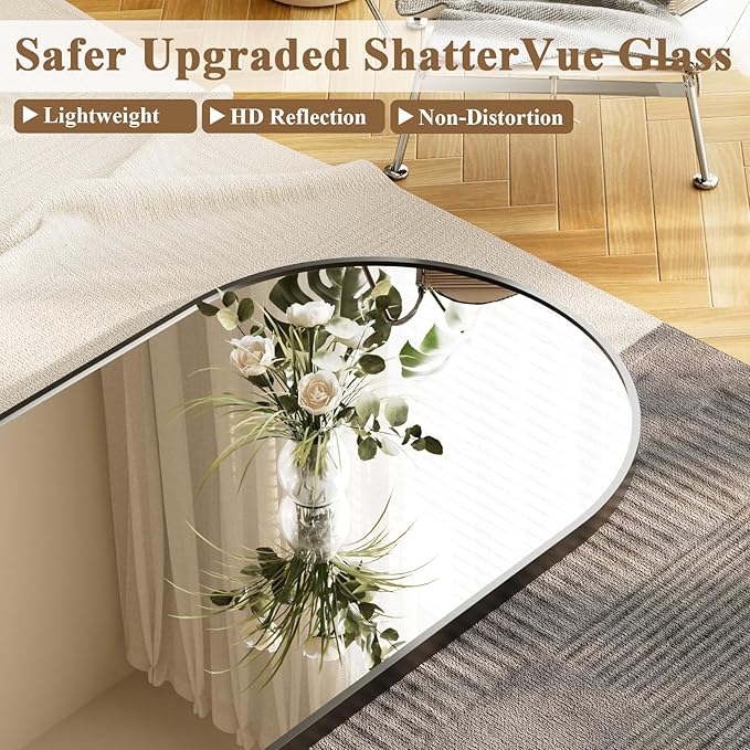 HARRITPURE Arched Full Length Mirror - 64"x21" Large Floor Standing Mirror, Aluminum Frame Full Body Mirrors with Stand for Bedroom/Living Room Wall Mounted, Black