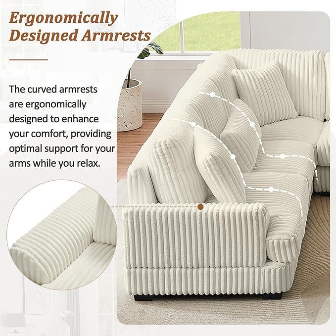 ERYE 129-Inch U-Shaped Sectional Sofa Couch W/Right Facing Chaise Lounge,Oversized Corduroy Upholstered Corner Modular Sofa Couch with 7 Toss Pillows for Living Room Sets