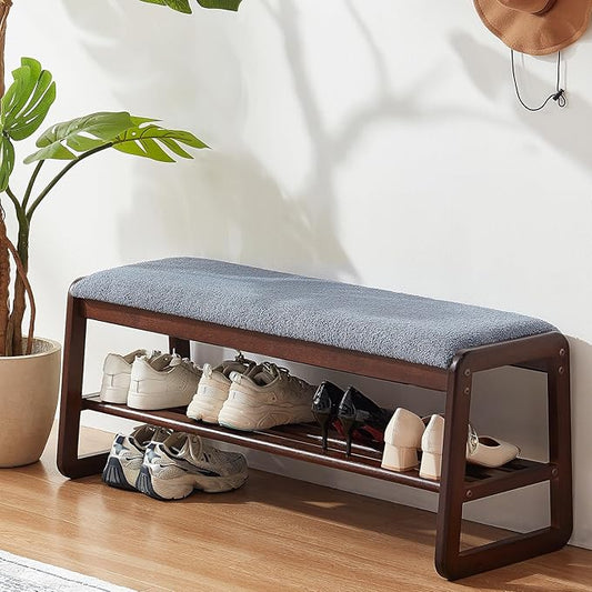 Shoe Rack Bench,2 Tier Solid Wooden Entryway Bench with Shoe Storage, Shoe Rack with Cushion for Living Room, Hallway(Grayish Blue, 39.4")