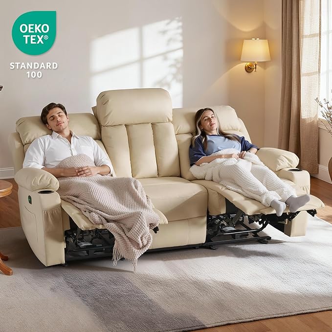 MCombo Power Reclining Sofa with Heat and Vibration,USB Ports, Cup Holders,3-Seat Dual Recliner Sofa for Living Room 6077 (Cream White, 3 Seater)