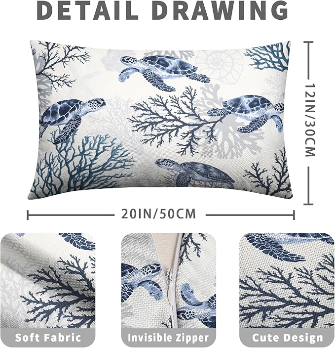 Nautical Coastal Lumbar Pillows Covers 12x20 Set of 2 Summer Beachy Themed Outdoor Throw Pillow Covers Ocean Coral Sea Turtle Pillow Cases for Bed Couch Sofa Living Room