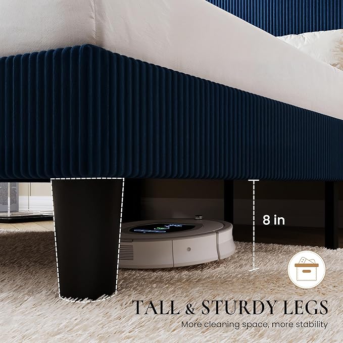 SHA CERLIN Full Size Corduroy Upholstered Platform Bed Frame with Vertical Channel Tufted Wingback Headboard, 8" Under Bed Storage, Wooden Slats & Metal Frame Support, Easy Assembly, Dark Blue