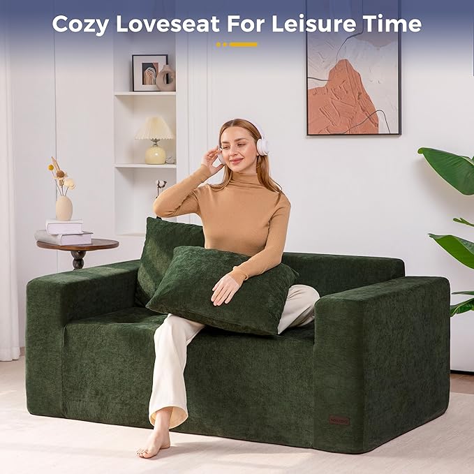 MAXYOYO Modular Sofa Couch, 61" Loveseat Boneless Cloud Couch with Deep Seat, Chenille Upholstered Living Room Sleeper Sofa Chair for Living Room, No Assembly Required, Dark Green