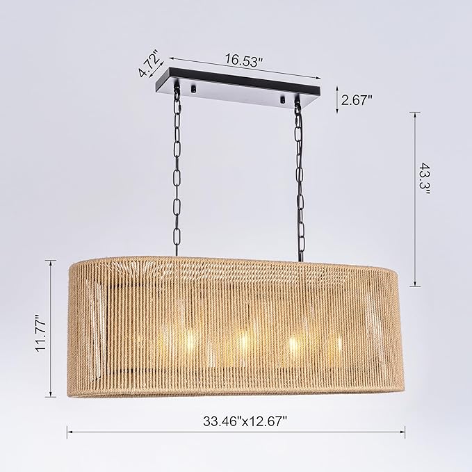 Wellmet Boho Chandelier Light Fixture 42 Inch, Farmhouse Rattan Pendant Light for Dining Room, Rustic Rectangular Chandeliers for Living Room, Bedroom, Kitchen Island (Rattan, 33 Inches)