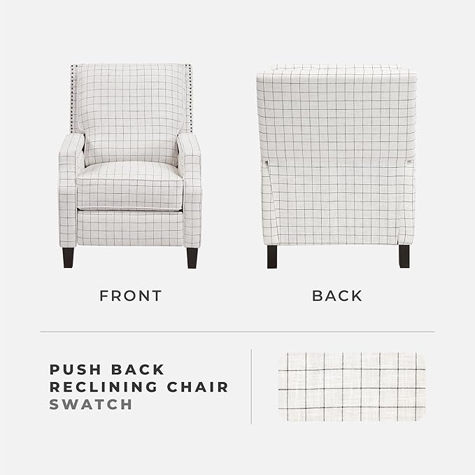 Lexicon Pushback Recliner Chair, Plaid Textured Fabric Armchair Push Back Reclining Chair, Nailhead Trim, Solid Wood Legs, Easy Assembly for Living Room/Office/Apartment, Off-White