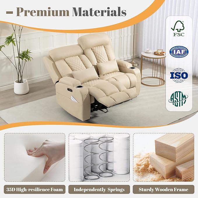 Zero Wall Hugger Power Reclining Loveseat with Adjustable Headrest, Power Loveseat Recliner Sofa with USB&Type-C Ports, Wall Hugger Loveseat Recliner for Living Room(Beige, 2 Seater)