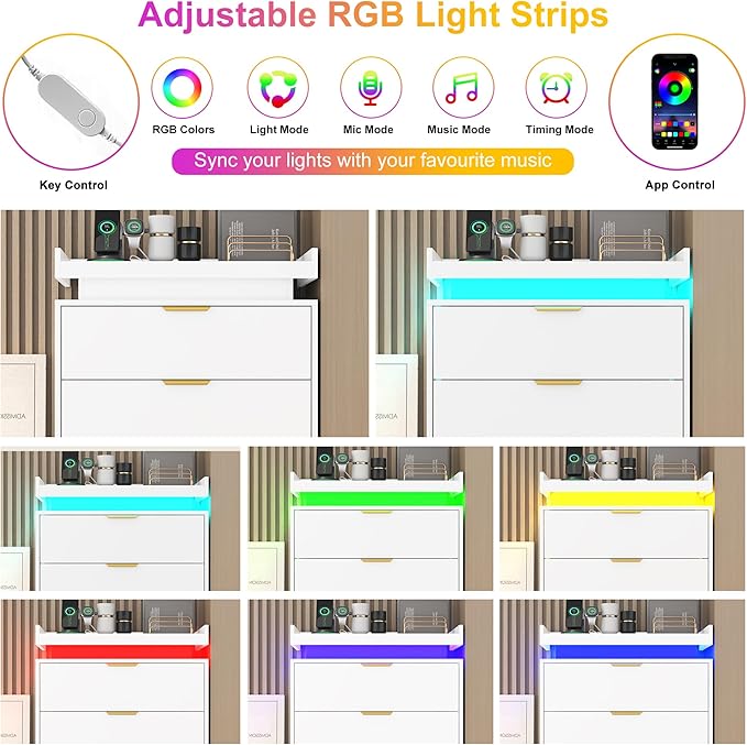 Tall Dresser for Bedroom, White Dresser with LED Lights, Wood 5 Drawer Chest with Power Outlet, Modern Chest of Drawers for Bedroom, Living Room, Entryway, Hallway