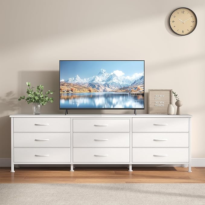 DUMOS TV Stands for Living Room Furniture with 9 Fabric Drawers, Long Entertainment Center Up to 75 Inch TV, Media Console Table with Storage for Bedroom, Adjustable Feet, White.