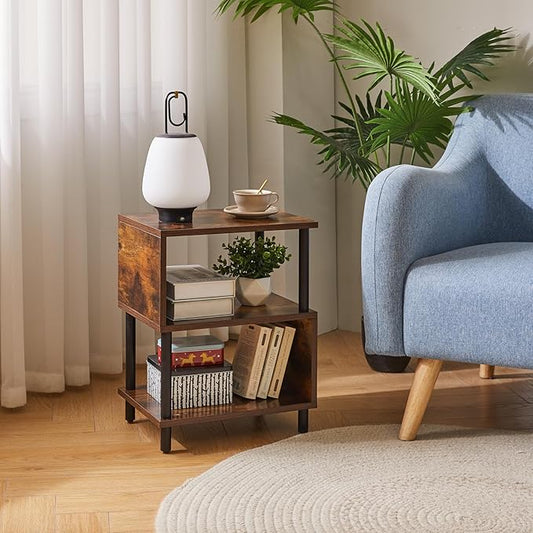 Side Table for Bedroom, End Table Small, Mid-Century Modern Nightstand with Open Storage Shelf, Small Table Rustic Brown/Black YD-TM152H