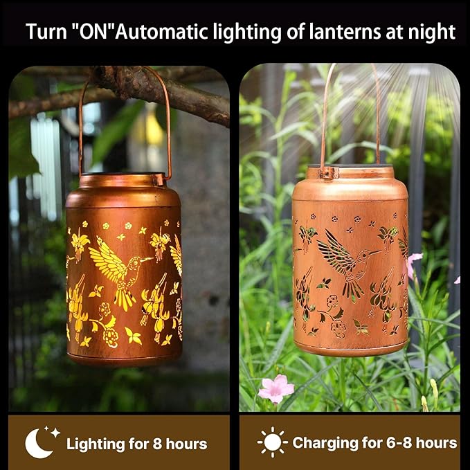 Hummingbird Solar Lanterns Outdoor Waterproof Hanging Solar Lights Metal Decor Lantern LED Light Decorative for Garden,Patio,Yard,Lawn,Backyard,Front,Porch Gifts for Women Mom Men