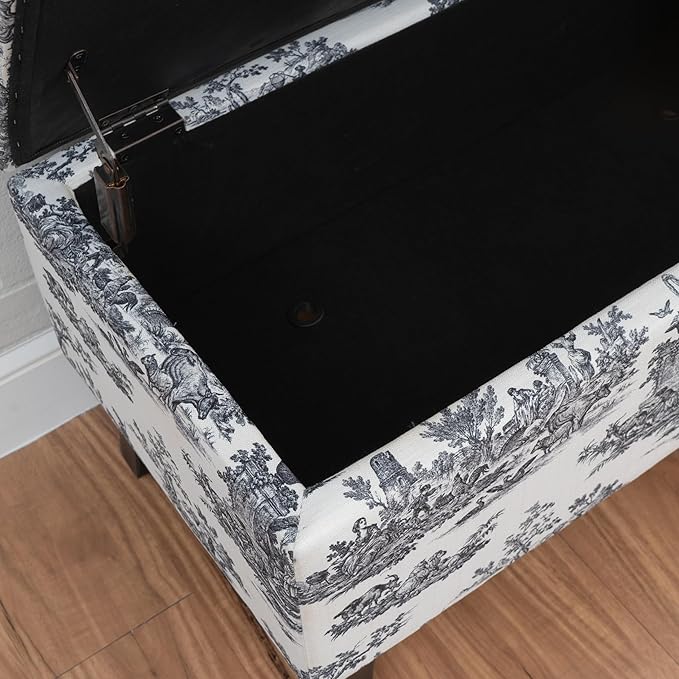 Linon Stephanie Black and White Toile Fully Upholstered Bench with Hidden Interior Storage