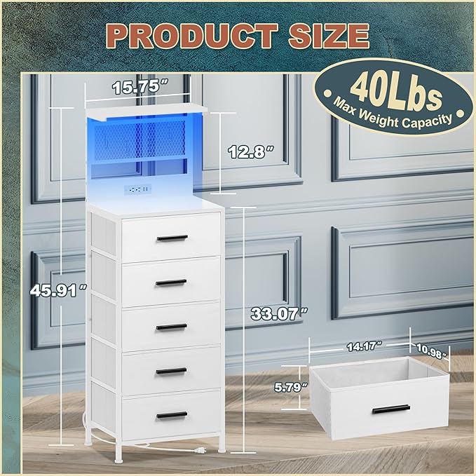 Nightstand 5 Drawer Dresser with LED Lights, Charging Station, Metal Mesh Shelf with Hooks, Vertical Side Table with Fabric Drawers, End Table, Tall Dresser for Bedroom, Entryway, White