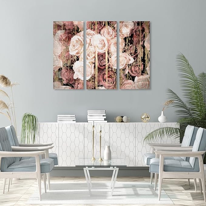 The Oliver Gal Artist Co. and Botanical 'Pink Rose Bouquet Three Piece' Florals by Oliver Gal Pink, Gold 3 Panel Wall Art Canvas Wall Art Ready to Hang Home Decor 40083 CANV XHD 3- piece 16x36, 3pc set