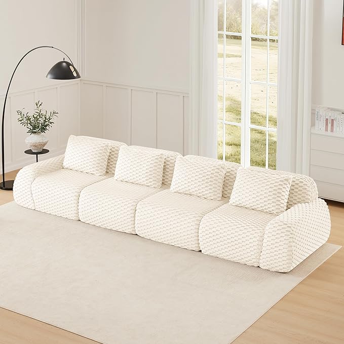 KEIKI 146" Oversized 4-Seater Boneless Couches for Living Room, Ultra Soft Modular Sectional Velvet Sofa, Deep Seat Cloud Comfort Lounge Couch No Assembly for Home Use, Modern Comfort Design, Cream