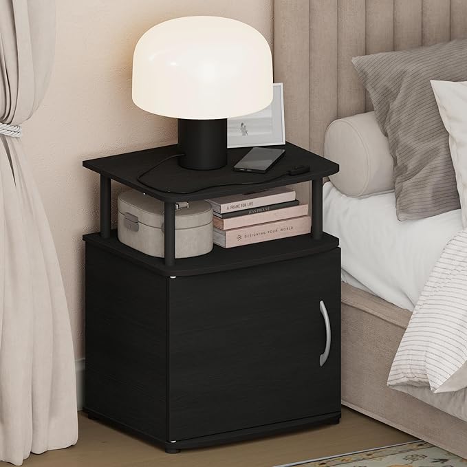 Furinno Jaya Night Stand with Door, Nightstand with Open Shelf and Door Cabinet, Round Corner Bedside Table, Side Table, End Table, for Bedroom, Closet, Dorm, Black