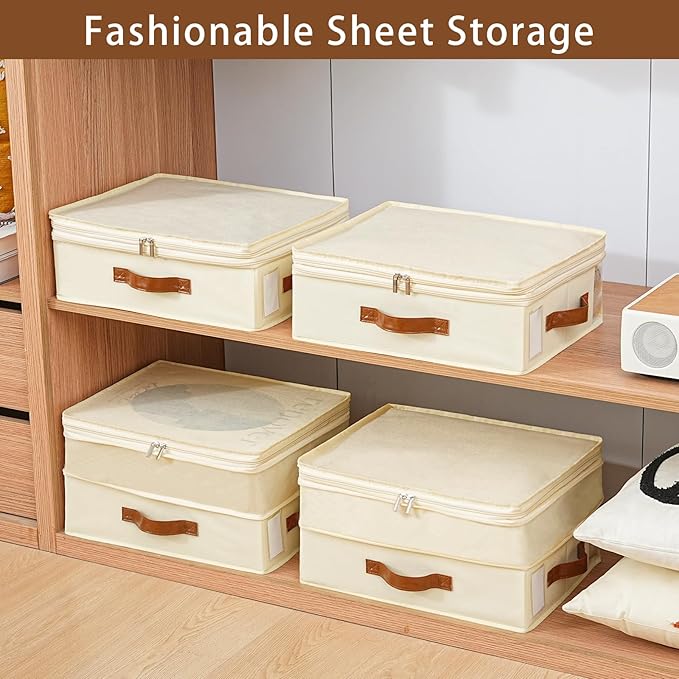 Bed Sheet Organizers and Storage, 4 Pack Linen Closet Organizers with Adjustable Zipper, Foldable Bedding Storage for Queen or King Size Bedsheets, Duvet Covers and Pillows
