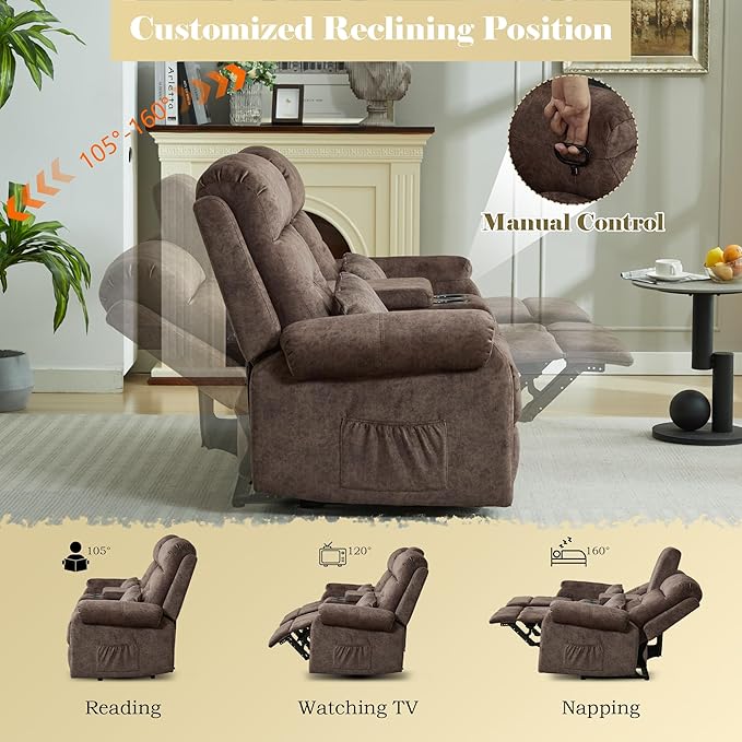 DRMBOOK RV Loveseat Recliner Sofa with Console, Velvet Fabric Double Wall Hugger Reclining Couch Manual Home Movie Seating 2 Person Recliner Chair with Cup Holders/Storage/Pocket/Lumbar Pillow, Brown