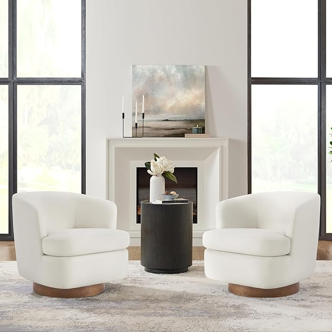 Swivel Accent Chair, Barrel Armchair with Upholstered Performance Fabric and Wood Base for Bedroom Waiting Living Room, 2 PCS, Linen
