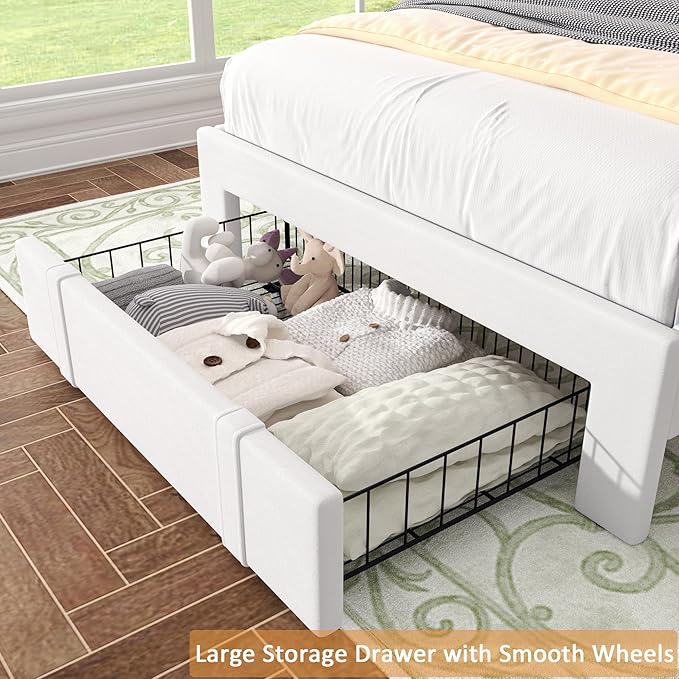 VECELO Twin Platform Bed Frame with Storage Drawer, Adjustable Velvet Rivet Headboard, Wooden Support, No Box Spring Needed, Easy Assembly