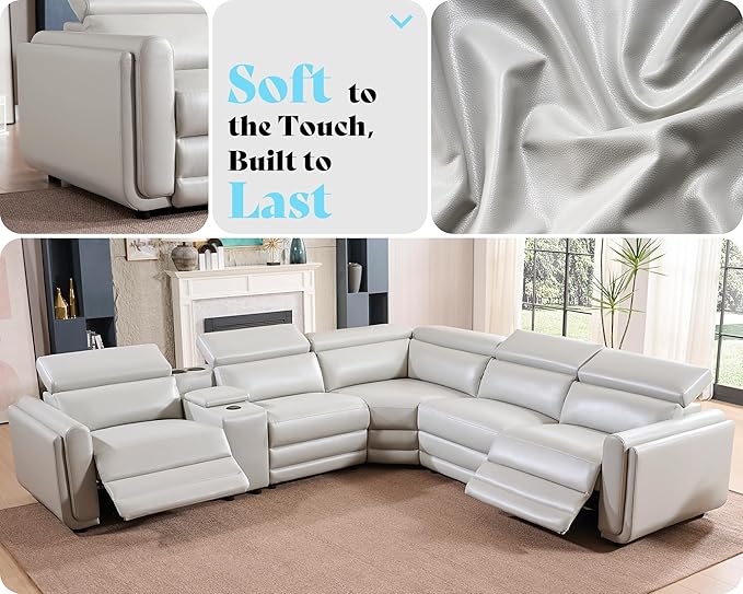 AMERLIFE Power Recliner Sofa, 129 Inch Oversized Reclining Sofa with Console & Speaker, 5 Seats L Shaped Sectional Couch for Living Room, Light Grey Leather