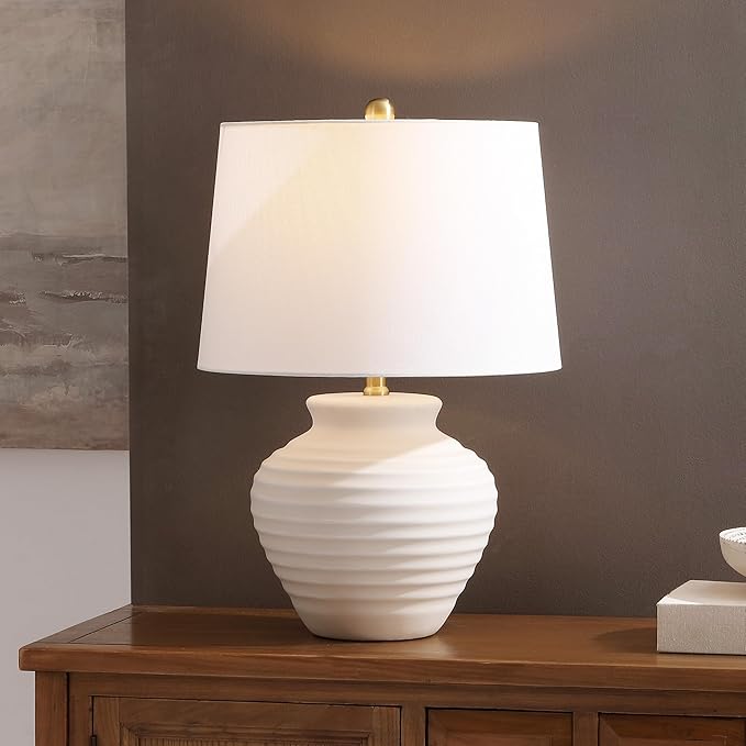 SAFAVIEH Lighting Collection – Ledger Rustic Farmhouse Bone Ceramic Table Lamp with White Drum Shade, 23-Inch Bedroom or Living Room Lamp, LED Bulb Included (TBL4352B)