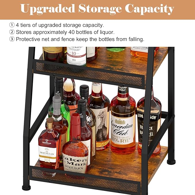 4-Tier Trapezoid Liquor Stand for Home Bar, Stepped Wine Rack Freestanding Floor for Liquor Whiskey Wine, Versatile Corner Wine Bottle Display Stand with Fences, Vintage Brown（Patent Pending）