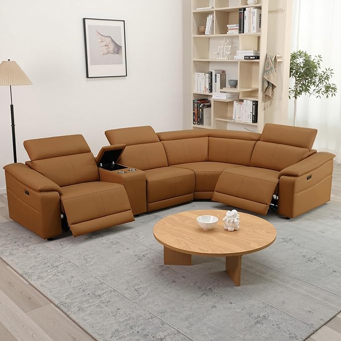 Power Recliner Sectional Sofa, L-Shaped Living Room Furniture Set, Leather Recliner Sofa,Reclining Sectional Couch with Storage Console/Cup Holder for Living Room/House/Apt (Light Brown, 4 Seater)