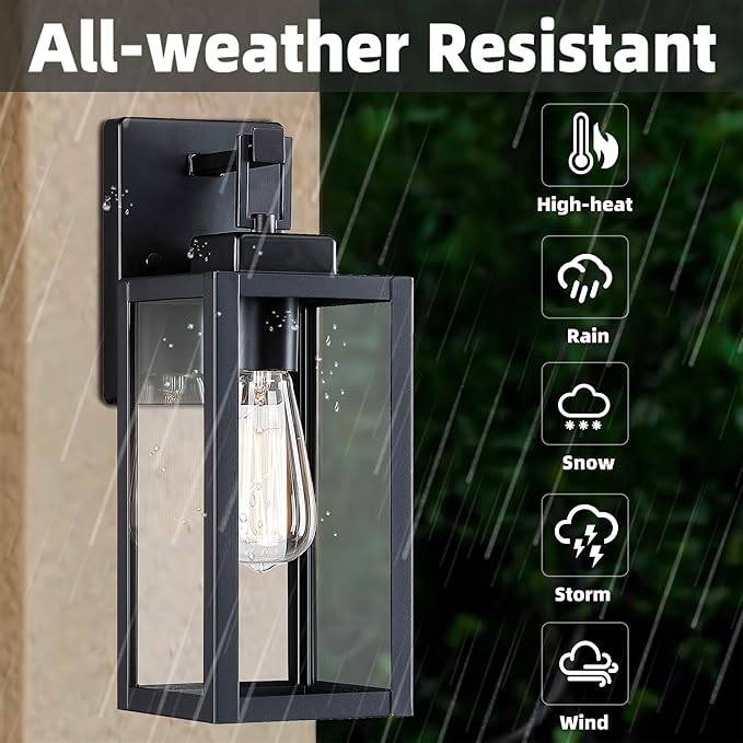 12” Black Wall Sconce Lights-12 Inch Outdoor Wall Light,Exterior Sconce Steel and Glass Outdoor Porch Light, Black Lantern for Front Porch Garage Balcony