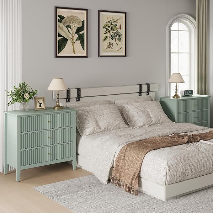 Large Sage Green Fluted 3-Section Set of 2, Modern 30 Inch Tall Wood Side Unit with Ball Bearing Slides, Wide Accent Furniture with Spacious Compartments for Living Room Entryway