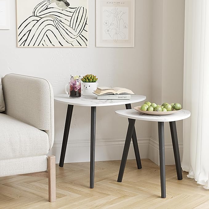 BAMEOS Bamboo Nesting Triangle End Table,Set of 2 Side Table Modern Minimalist Coffee Table for Living Room (Marble White)